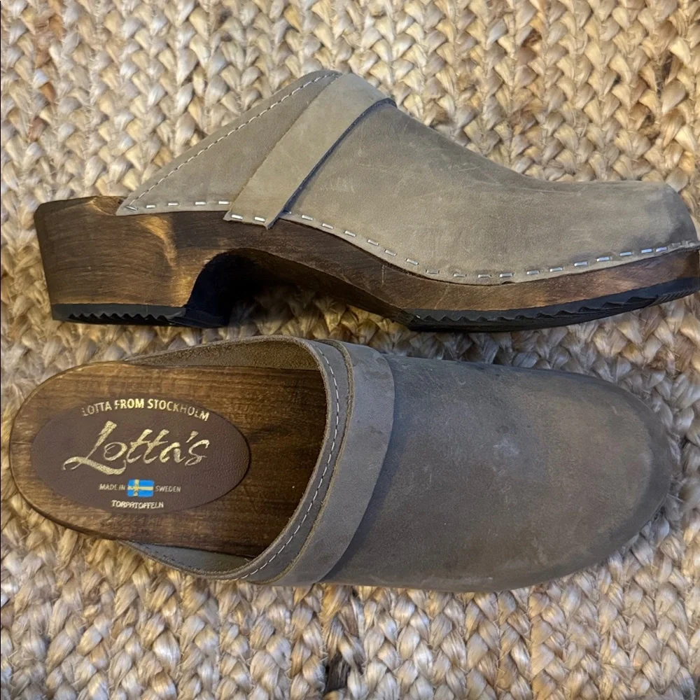 Lotta's From Stockholm 42 Wooden Taupe Nubuck Classic Leather Clogs - Picture 8 of 11